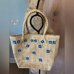 Ann Taylor floral straw handbag purse satchel with rafia embroidery Vintage
